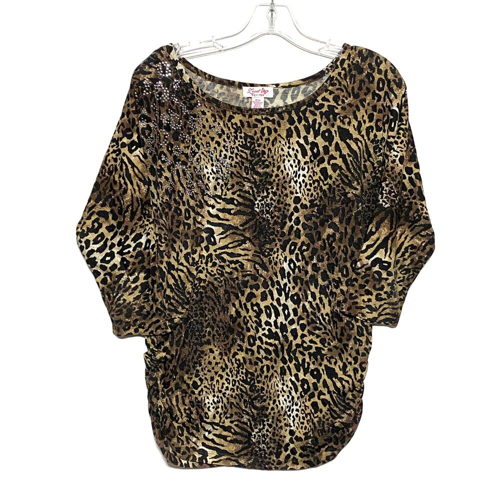 Zena Petites Womens Small SP Top Blouse Leopard Animal Print Stretch Bling